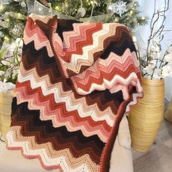 Vintage Handmade Zigzag Crochet Blanket Afghan Throw Inches Earth tones 42"x58" - Picture 1 of 9